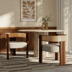 Modern Japandi solid wood dining chair with cane back barrel frame and grey cushion by WoodBee Craft