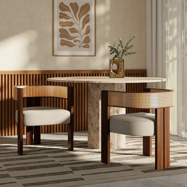 1 Modern Japandi solid wood dining chair with cane back barrel frame and grey cushion by WoodBee Craft