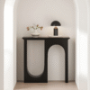 Modern minimalist black asymmetrical console table with structural geometric arches for entryway by WoodBee Craft