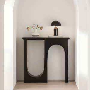 1 Modern minimalist black asymmetrical console table with structural geometric arches for entryway by WoodBee Craft