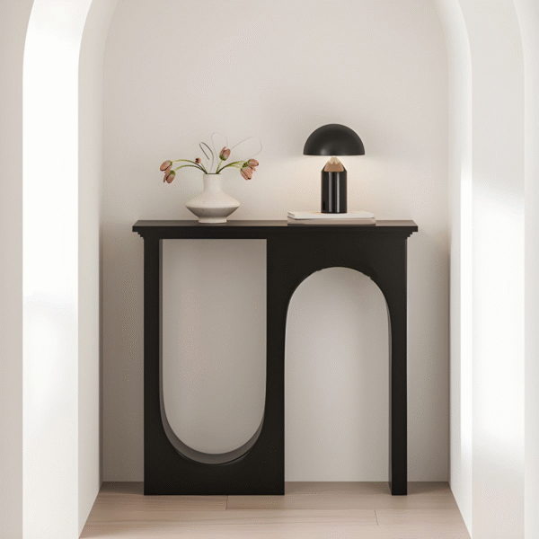 Modern minimalist black asymmetrical console table with structural geometric arches for entryway by WoodBee Craft