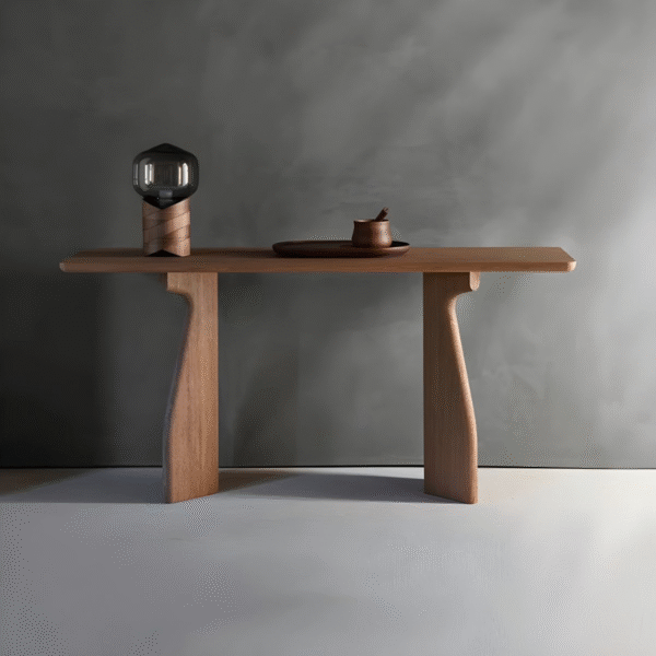 Modern minimalist wooden console table with sculpted architectural pillar legs for entryway by WoodBee Craft