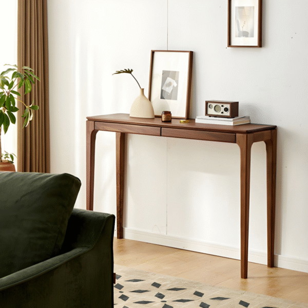 1 Mid-century modern solid wood entryway console table with dual drawers and tapered legs by WoodBee Craft