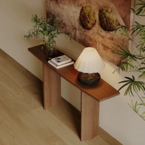 1 Modern minimalist slim wood console table with geometric slab pillar legs for entryway by WoodBee Craft