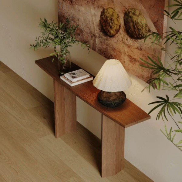 Modern minimalist slim wood console table with geometric slab pillar legs for entryway by WoodBee Craft
