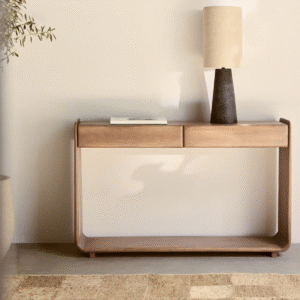 1 Modern minimalist waterfall wood console table with continuous loop frame and dual drawers by WoodBee Craft