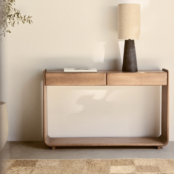 1 Modern minimalist waterfall wood console table with continuous loop frame and dual drawers by WoodBee Craft