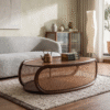 1 Modern minimalist oval rattan coffee table with woven mesh side panels and solid mango wood top by WoodBee Craft