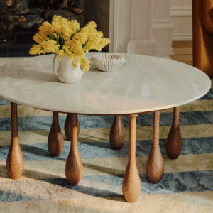 1 Modern minimalist round wooden center table with eight unique teardrop spindle legs by WoodBee Craft