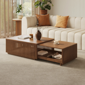 1 Modern minimalist extendable wooden coffee table with telescoping nesting frame and fluted wood panels by WoodBee Craft