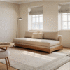 Modern minimalist low profile daybed sofa with natural wood frame and beige linen upholstery by WoodBee Craft