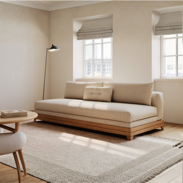 Modern minimalist low profile daybed sofa with natural wood frame and beige linen upholstery by WoodBee Craft