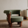 1 Modern minimalist lounge chair accent armchair with olive green upholstered round seat and thick natural wood frame by WoodBee Craft