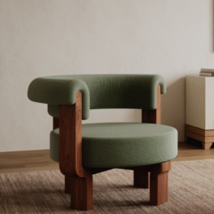 Modern minimalist lounge chair accent armchair with olive green upholstered round seat and thick natural wood frame by WoodBee Craft