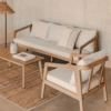 1 Modern minimalist wood loveseat 2 seater sofa chair with natural timber frame and crisp white cushions by WoodBee Craft