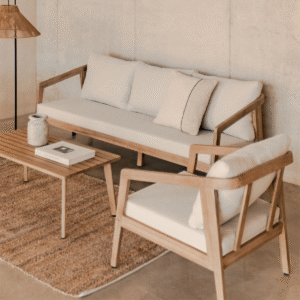 Modern minimalist wood loveseat 2 seater sofa chair with natural timber frame and crisp white cushions by WoodBee Craft