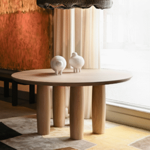 1 Modern round wood dining table with thick cylindrical column legs by WoodBee Craft