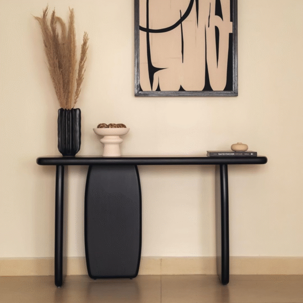 1 WoodBee Craft Black Wood Console Table with Modern Architectural Base