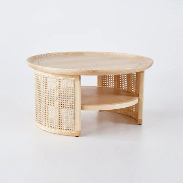 WoodBee Craft Round Wood Coffee Table with Rattan Storage