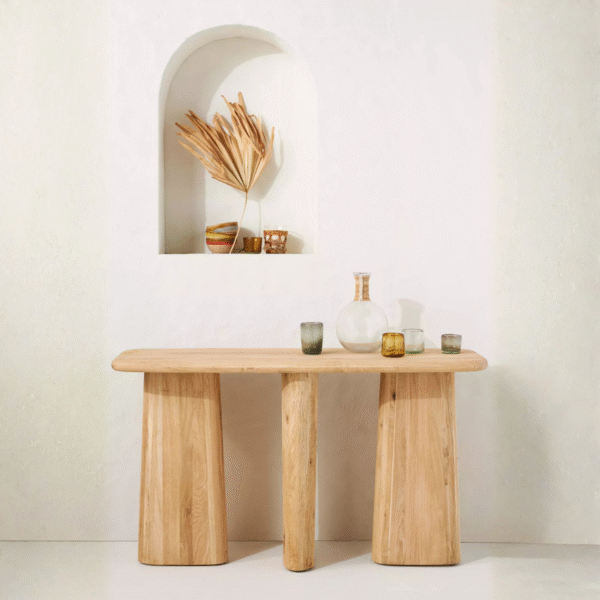 Modern solid wood console table with three tapered oval pillar legs by WoodBee Craft