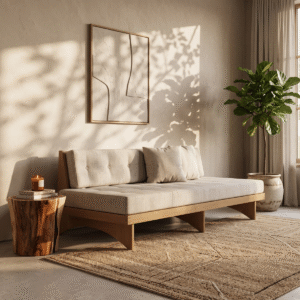 4 Mid century modern daybed sofa with natural light wood frame and button tufted beige upholstery by WoodBee Craft