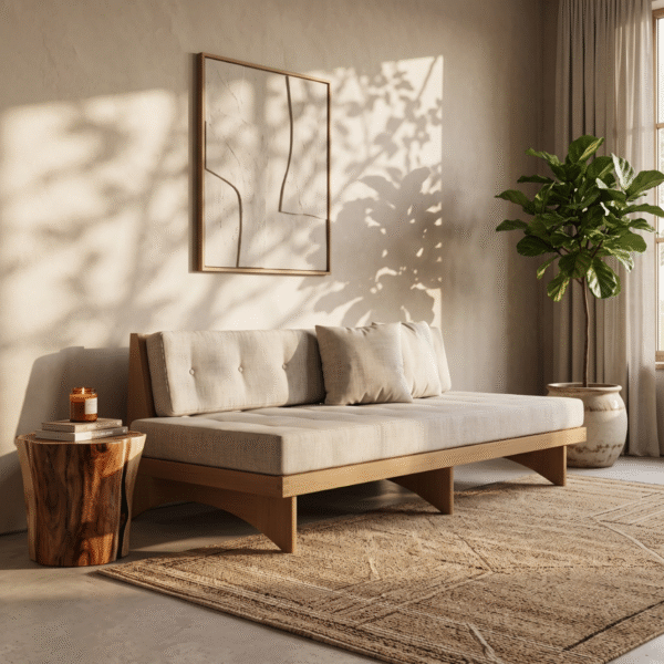 4 Mid century modern daybed sofa with natural light wood frame and button tufted beige upholstery by WoodBee Craft