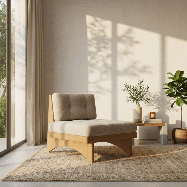 5 Modern minimalist Japandi lounge chair accent armchair with natural oak frame and button tufted linen cushion by WoodBee Craft