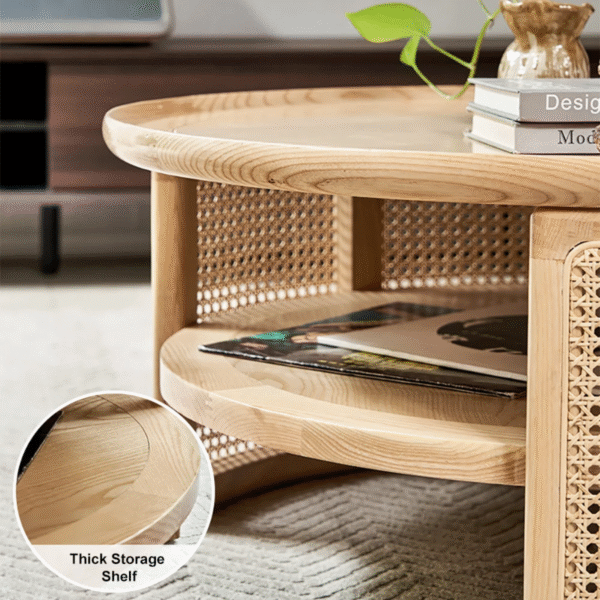 WoodBee Craft Round Wood Coffee Table with Rattan Storage
