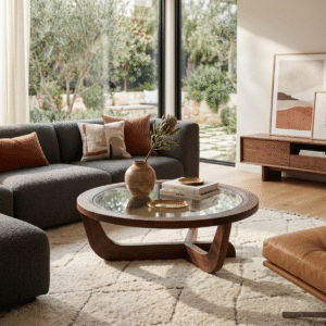 Modern minimalist round glass top coffee table with solid wood interlocking base by WoodBee Craft
