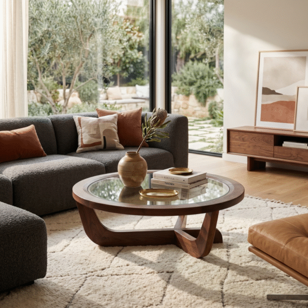 6 Modern minimalist round glass top coffee table with solid wood interlocking base by WoodBee Craft