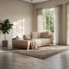 Modern minimalist chaise lounge daybed sofa with natural light wood frame and beige linen upholstery by WoodBee Craft