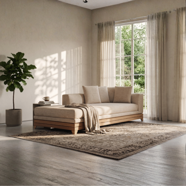 Modern minimalist chaise lounge daybed sofa with natural light wood frame and beige linen upholstery by WoodBee Craft