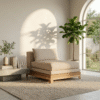 6 Modern minimalist armless upholstered accent chair with natural solid mango wood frame base and beige linen cushion by WoodBee Craft