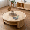 Modern round wood coffee table with raised tray edge and woven rattan panels by WoodBee Craft