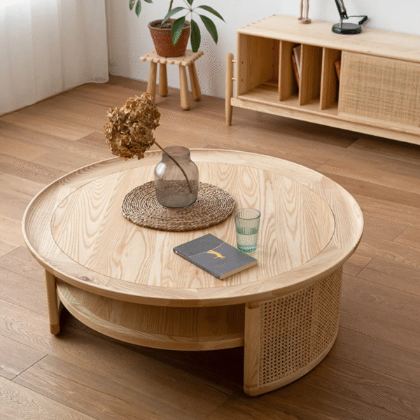 Modern round wood coffee table with raised tray edge and woven rattan panels by WoodBee Craft