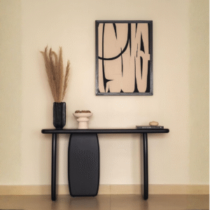 7 Modern black wood console table with asymmetrical capsule pedestal base by WoodBee Craft