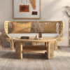 WoodBee Craft Round Wood Coffee Table with Rattan Storage