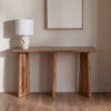 Modern minimalist artisan made wooden hallway table with geometric slab and pillar legs by WoodBee Craft