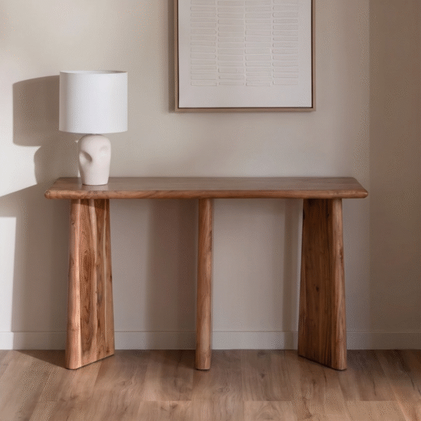 Modern minimalist artisan made wooden hallway table with geometric slab and pillar legs by WoodBee Craft