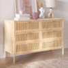 1 Modern minimalist boho cane chest of drawers wide bedside dresser with light natural solid wood frame and six drawers by WoodBee Craft