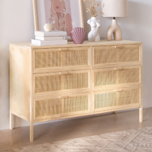 Modern minimalist boho cane chest of drawers wide bedside dresser with light natural solid wood frame and six drawers by WoodBee Craft