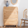Modern minimalist louvered wood chest of drawers dresser with light natural solid wood frame and three drawers by WoodBee Craft