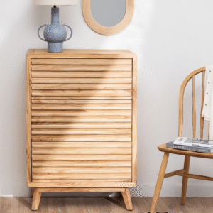 1 Modern minimalist louvered wood chest of drawers dresser with light natural solid wood frame and three drawers by WoodBee Craft