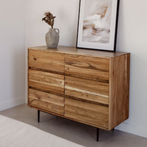 Industrial rustic mango wood dresser chest of drawers with solid wood grain and black metal legs by WoodBee Craft