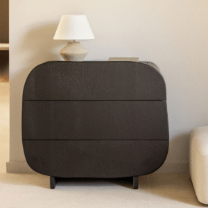 Modern minimalist black chest of drawers dresser with dark charcoal solid wood frame and three handleless drawers by WoodBee Craft