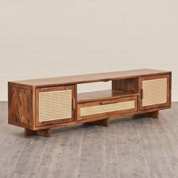 Modern farmhouse solid wood tv cabinet with cane doors and premium wooden top surface by WoodBee Craft