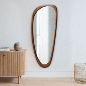Mid-century modern solid mango wood wall mirror with asymmetrical organic pebble frame by WoodBee Craft
