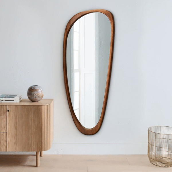 Mid-century modern solid mango wood wall mirror with asymmetrical organic pebble frame by WoodBee Craft