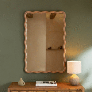 Modern farmhouse wavy wooden wall mirror with handcrafted scalloped rectangle frame by WoodBee Craft