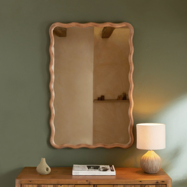 Modern farmhouse wavy wooden wall mirror with handcrafted scalloped rectangle frame by WoodBee Craft